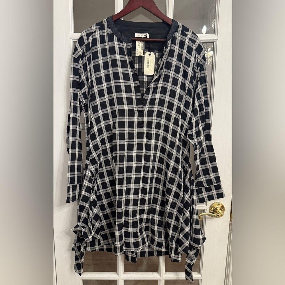 RAG & BONE Women’s Black & White Plaid Long Sleeve Tie Dress Size M NEW